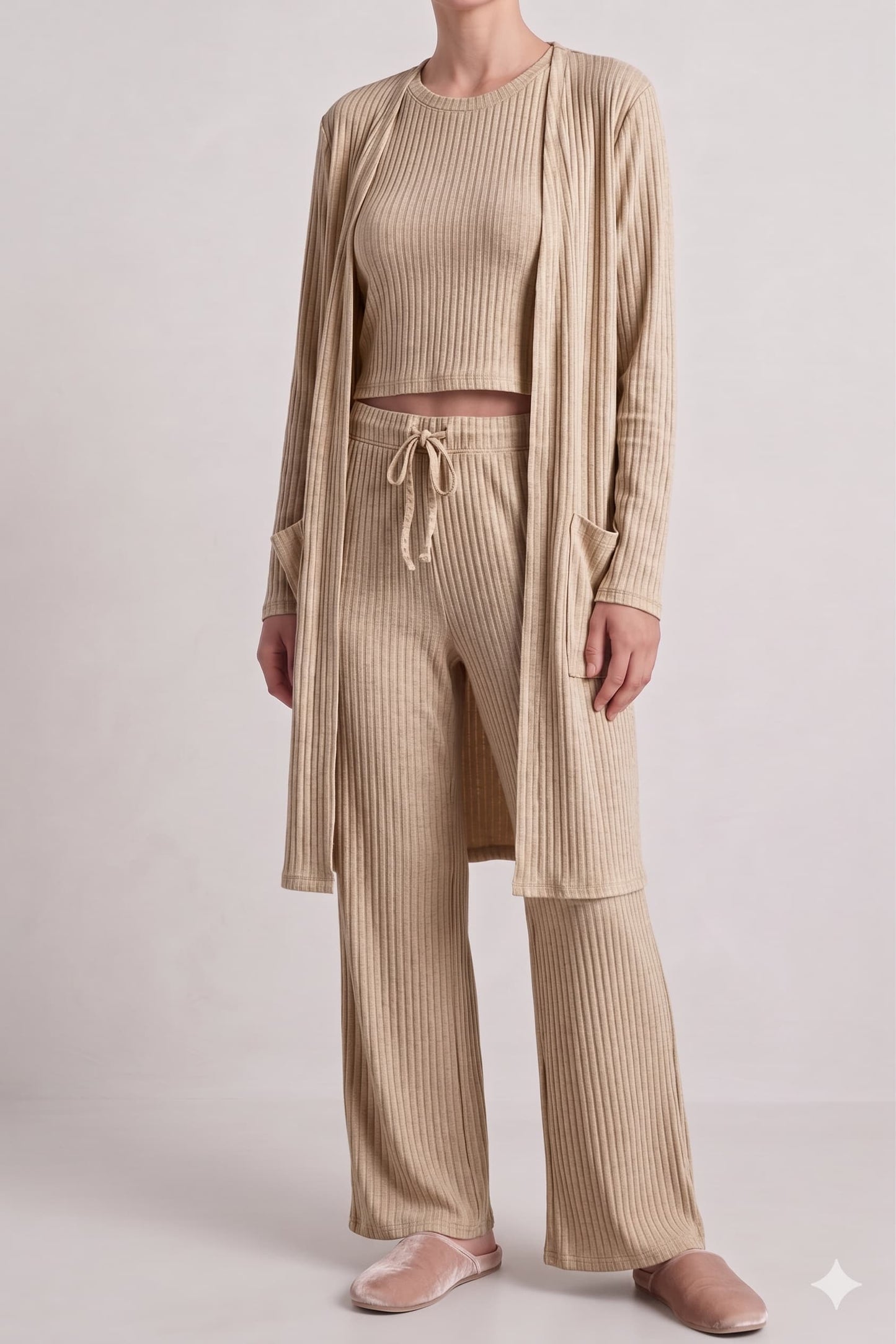 Ribbed Lounge 3 Piece Set (Tank+Pant+Cardigan)
