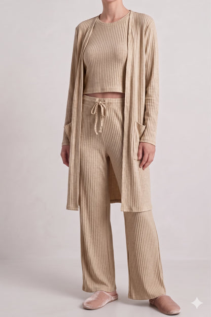 Ribbed Lounge 3 Piece Set (Tank+Pant+Cardigan)